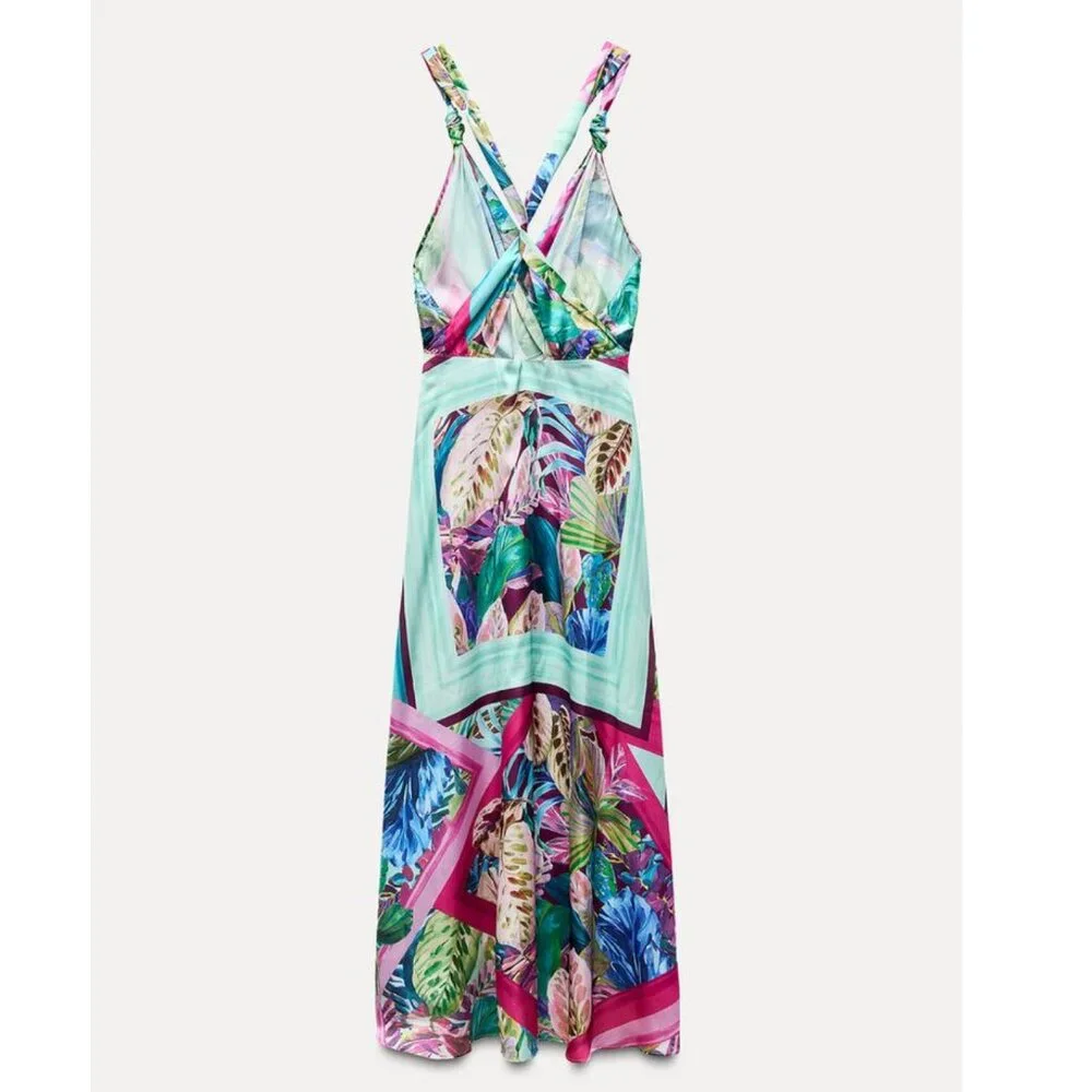 Zara Satin Effect Tropical Scarf Print Midi Dress
